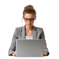 A businesswoman, focused and engrossed, works diligently on her laptop, her gaze fixed on the screen. A professional portrait. png