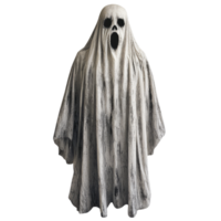 A spectral figure, draped in a white sheet, screams into the void, its hollow eyes piercing the darkness. png