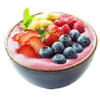 A vibrant smoothie bowl overflowing with fresh strawberries, blueberries, raspberries, kiwi, and a touch of mint. png