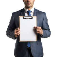 A businessman confidently holds a clipboard with a blank white sheet, ready for your message. png