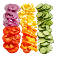 A Vibrant Symphony of Chopped Veggies Red Onion, Tomato, Bell Pepper, and Cucumber in a Colorful Display. png