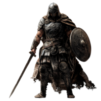 A warrior of old, clad in armor, stands defiant against a backdrop of time. His sword held high, he faces the unknown, ready to fight for glory and honor. png