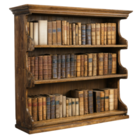 A Timeless Collection A vintage wooden bookcase overflowing with aged leatherbound books, each a testament to the enduring power of knowledge. png