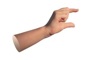 A hand using two fingers to hold and measure an invisible, small object isolated on a white photo