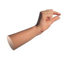 A hand using two fingers to hold and measure an invisible, small object. The gesture is isolated on photo