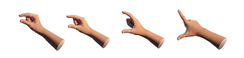 Kids hand gestures showing size from bigger to smaller. Pinch, catch, hold, isolated on white, set photo