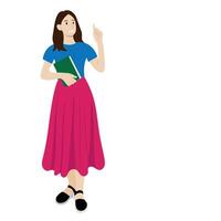 Full length girl with book in one hand, index finger of other hand raised up, isolate on white, flat style, avatar vector