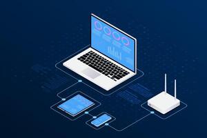 Isometric server storage, financial technology Laptop, tablet, mobile, router wifi and server isometric. vector