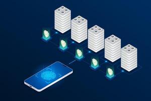 Isometric security server cloud storage with smart phone concept. vector