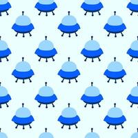 Alien spaceship, spacecrafts and UFO Seamless Pattern. Cosmic ship in form saucer for transportation. Children design. cartoon flat illustration. vector