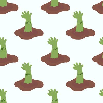 Zombie hand sticking out of ground. Halloween Seamless Pattern. Dead monster arm reaching from grave. Creepy Living death background. Flat illustration.