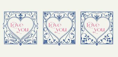 Set of love carved ornament frames. Retro decorative poster with love ornamet shape. Design element for invitation or book cover. Collection of isolated illustrations on background vector