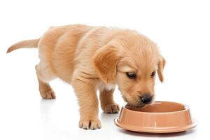 Golden Retriever puppy eating from a bowl on a white background. Adorable and hungry, the pup is focused on its meal, creating a perfect image for pet-related content, advertisements, or products. photo