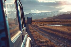 Shot of a summer car trip, where the road ahead opens. Traveling, going out into nature, vacation. photo