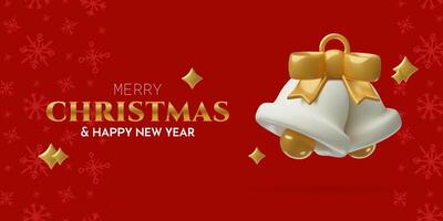 Christmas greeting card design with 3d jingle bells golden bow and stars on festive red background vector