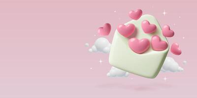 Valentine's Day background with 3d hearts flying out the envelope in the pink sky with clouds vector