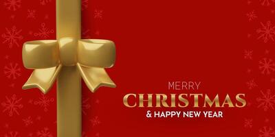 Bows 3dChristmas card design with 3d golden gift bow on red background with snowflakes. Minimal holiday banner three dimensional realistic illustration. vector