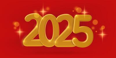 2025 New Year 3d realistic gold numbers on festive red background with light sparkles. vector