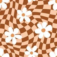 Seamless pattern with daisy flowers on a wavy background. Hand drawn groovy vintage background. Perfect for textile, wallpaper or print design. vector