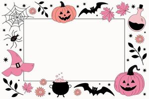 Happy Halloween background for text in pink color. Cartoon festive autumn frame with pumpkins lantern, bat, spider web, stars, potion, plants, moon. Hand drawn border for celebrating Saints vector