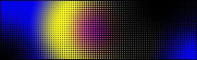 Horizontal halftone background with neon gradient. Grunge wallpaper with dots, neon radial transition to create a comic style design, retro collage. vector