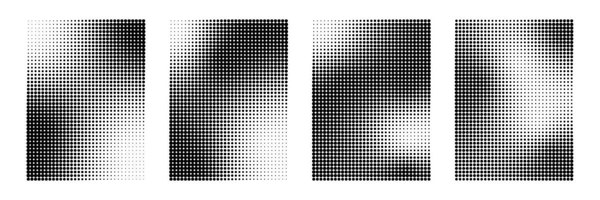 Set of vertical halftone backgrounds with gradient. Grunge wallpaper with black dots, monochrome smooth transition for creating designs in comic style, retro collage.