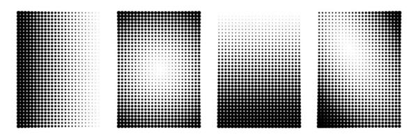 Set of vertical halftone backgrounds with gradient. Grunge wallpaper with black dots, monochrome smooth transition for creating designs in comic style, retro collage. vector