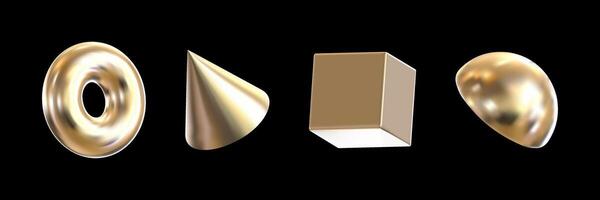 Set of 3D geometric shapes in the form of a square, ring, pyramid and semicircle with gold texture. Abstract simple metal shapes in three-dimensional space. vector
