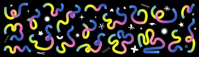 Set of abstract liquid doodle elements in neon colors. Minimalist curved gradient ribbons for creating modern designs. vector