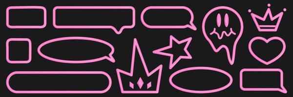 Set of different speech bubble frames in 3D style. Inflated elements in the form of frames, crowns, hearts, stars with a pink texture of plastic, plasticine. vector
