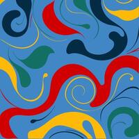 An abstract artwork with bold, fluid swirls in vibrant colors against a blue background. The dynamic shapes and lines create a sense of movement and energy. vector