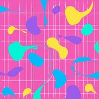 A vibrant abstract pattern featuring colorful shapes of various sizes and forms arranged over a pink grid background. This abstract composition creates a dynamic and playful visual experience. vector