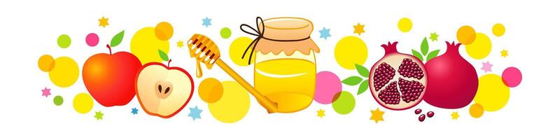 Horizontal colorful banner with fruits and jar of honey. Jewish New Year holiday clip art. Flat and 3D elements. Line background, sample blank. Happy and sweet new year Israel creative congrats. vector