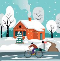 Snowy House with Cyclist Passing vector