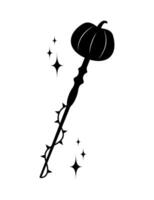 Magic wand silhouette. Magic wand with pumpkin and thorns. Symbol of a miracle. Magician cast spell, magic stars and sparkles vector