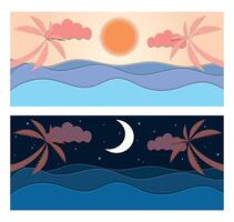 Day and night, sun and moon. Illustration of seascape in paper cut out style. Weather app, user interface design. vector