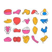 Chicken Carcass, Meat And Organs Icons Set vector