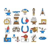 blacksmith forge anvil work icons set vector