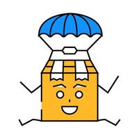 parachute flying cardboard box character icon color illustration vector
