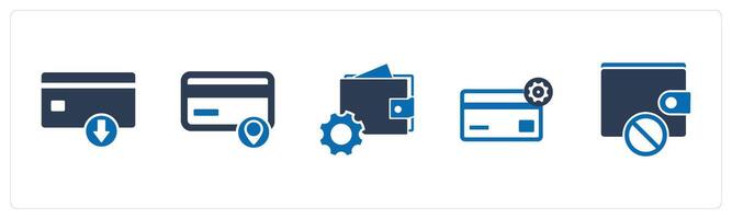 A set of 5 Business icon as download card, card location, wallet settings vector