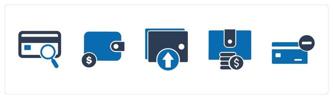 A set of 5 Business icons as search card, wallet, upload wallet vector