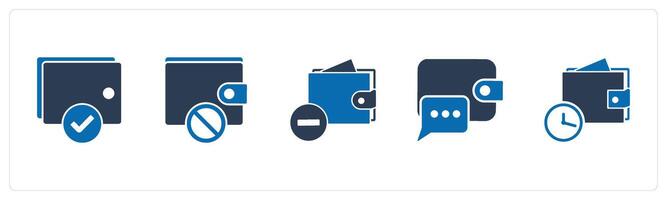 A set of 5 Business icons as approve wallet, wallet prohibited, remove wallet vector