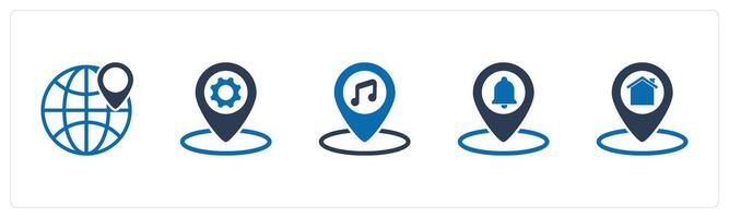 A set of 5 Business icons as global location, location setting, music location vector