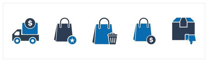 A set of 5 Business icons as shipping cost, favorite bag, remove bag vector