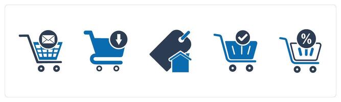 A set of 5 Business icons as cart message, upload cart, home tag vector