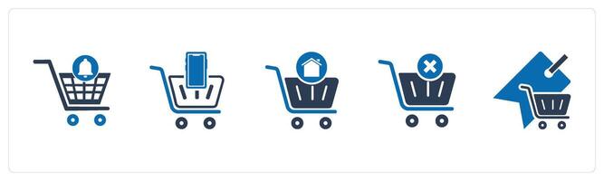 A set of 5 Business icons as cart notification, mobile shopping, home shopping vector