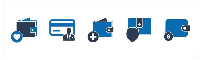 A set of 5 Business icons as favorite wallet, card owner, add to wallet vector