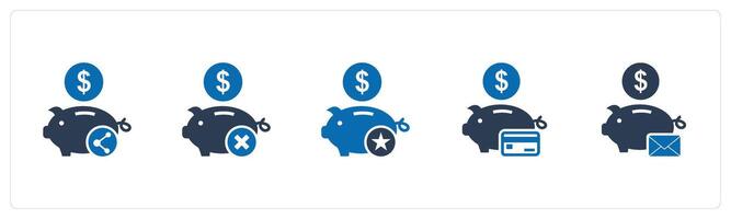 A set of 5 business icons as share savings, remove savings, favorite piggy bank vector