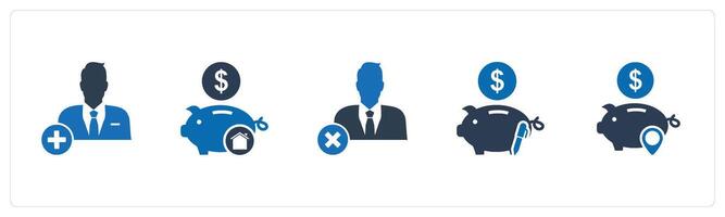 A set of 5 business icons as add user, bank savings, wrong user vector