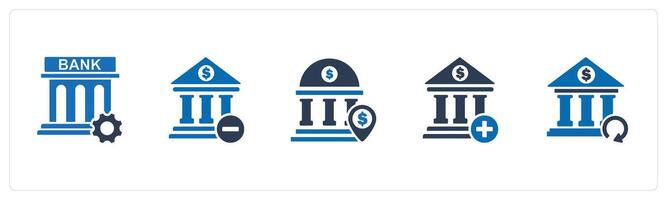 A set of 5 business icons as bank renovate, remove bank, bank location vector